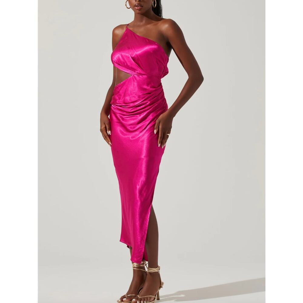 ASTR THE LABEL Martina Satin Cutout One Shoulder Midi Dress | M, Fuchsia Pink - Picture 2 of 8